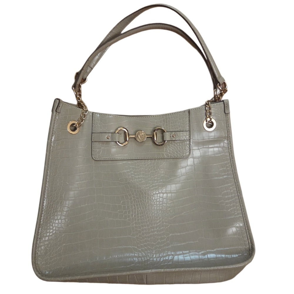 Anne Klein Croc-Embossed Taupe Double Strap Shoulder Bag with Gold Hardware